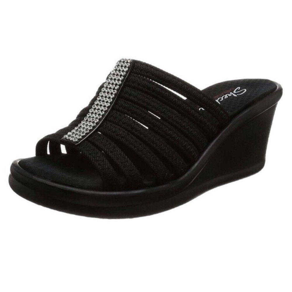Skechers Rumblers Hot Shot Black & Silver Open-Toe Wedge Sandals - Women…